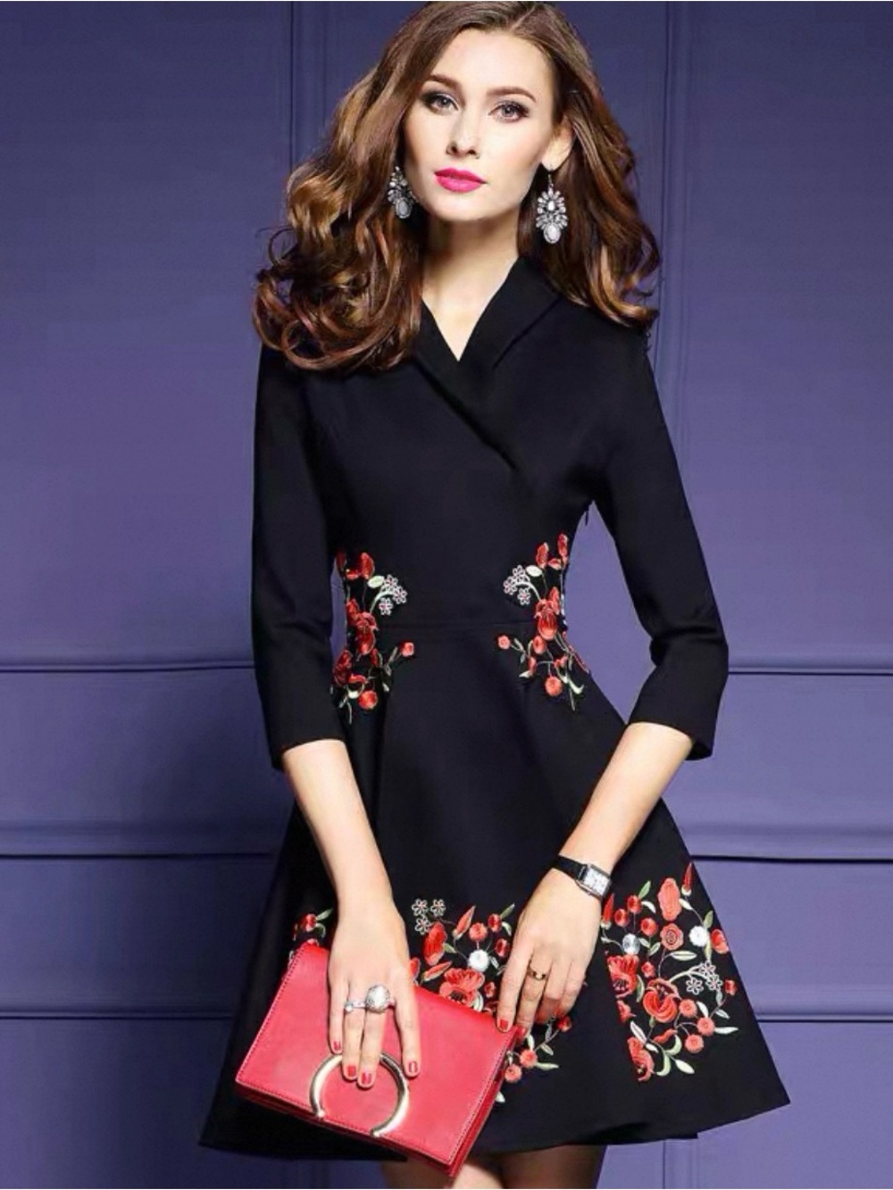 Elegant Black Fit-and-Flare Dress with Red Floral Embroidery